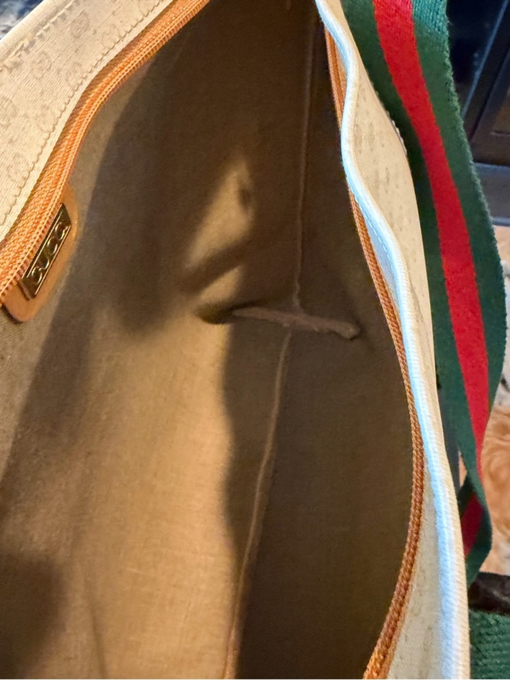 Gucci Cream Monogram Tote and Wallet with Green-Red Web Stripe and Tan Trim - Picture 4 of 7